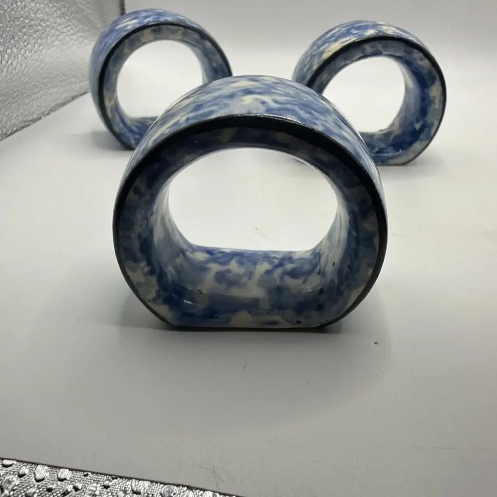 Vintage Knobler Blue Spongeware Ceramic Napkin Rings Set Of 3